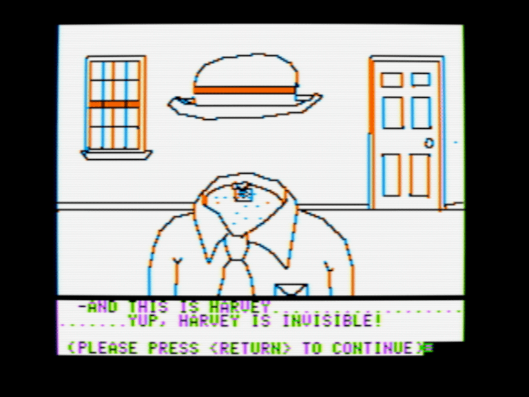 A bowler hat floating above an empty suit. Caption: and this is Harvey. Yup, Harvey is invisible!